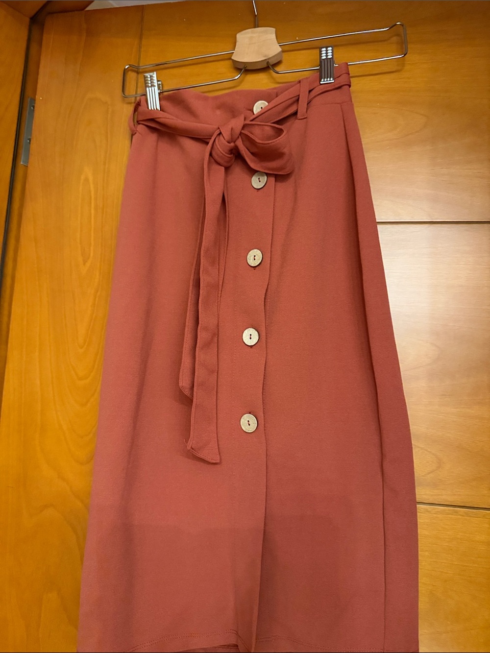 High-Waist Button-Front Tie Skirt in Terracotta